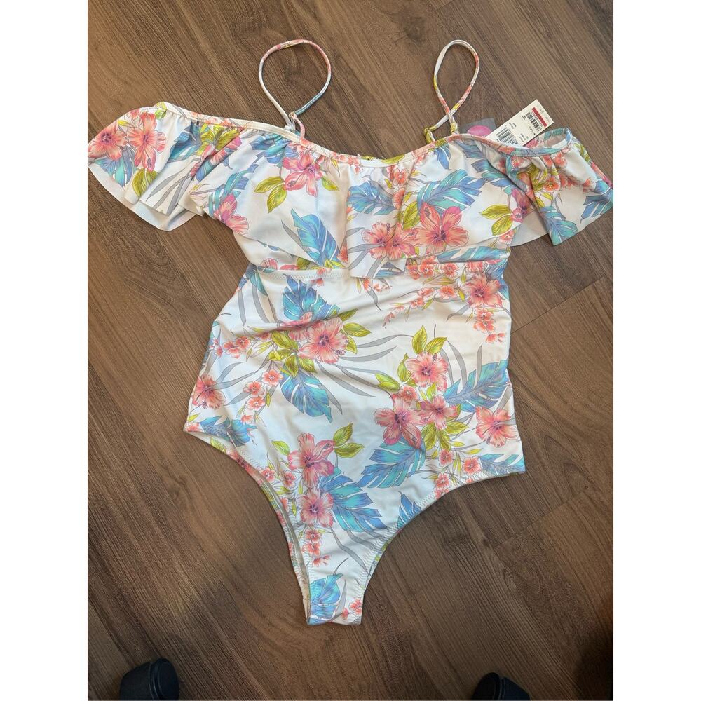 Raisins Maui Gardens Off-The-Shoulder Ruffle One-Piece Swimsuit XL Floral Cheeky